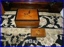 Vintage Set Antique Cigar & Cigarette Humidors Inlaid wood Duck withkey