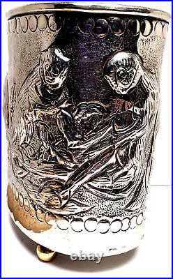 Vintage Silver Cigar Humidor Monkey Ape Tea Caddy Canister Can Jar Repousse Box