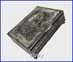 Vintage Silver-Plated Embossed Relief Cigar / Humidor Box, Footed, Velvet Lined