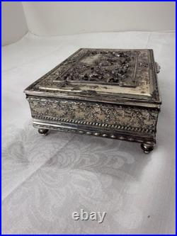 Vintage Silver-Plated Embossed Relief Cigar / Humidor Box, Footed, Velvet Lined