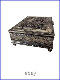 Vintage Silver-Plated Embossed Relief Cigar / Humidor Box, Footed, Velvet Lined