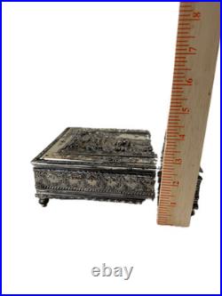 Vintage Silver-Plated Embossed Relief Cigar / Humidor Box, Footed, Velvet Lined