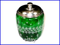 Vintage Sterling Silver & Green Glass Cigar Humidor Tobacco Jar Hand Painted 7