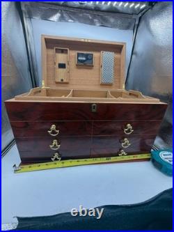 Vintage Thompson & Co. Wood Cigar Humidor Box Lockable Chest with Drawers