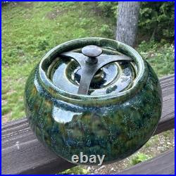 Vintage Tobacco Jar Humidor Stoneware Green Glazing With Locking Lid
