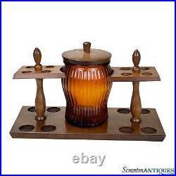 Vintage Traditional Pine Estate Pipe Holder with Amber Glass Tobacco Humidor Jar