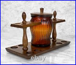 Vintage Traditional Pine Estate Pipe Holder with Amber Glass Tobacco Humidor Jar