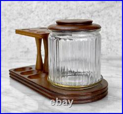Vintage Traditional Walnut Estate Pipe Holder with Glass Tobacco Humidor Jar