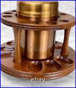 Vintage Traditional Walnut Revolving Estate Pipe Holder with Copper Humidor Jar