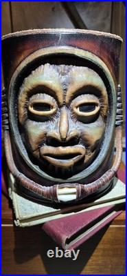 Vintage & Unique African Inspired Helmet Head Leather & Cedar Wood Cigar Humidor