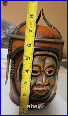 Vintage & Unique African Inspired Helmet Head Leather & Cedar Wood Cigar Humidor