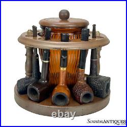 Vintage Walnut Pipe Display Stand with Amber Glass Tobacco Humidor