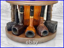 Vintage Walnut Pipe Display Stand with Amber Glass Tobacco Humidor