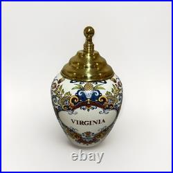 Vintage Williamsburg Delft Brass Tobacco Jar Olde Virginea Plantation Souvenir