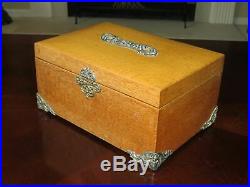 Vintage Wood Cigar Box Humidor with Metal Liner & Antique Silverplate Filigree