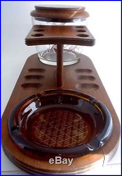 Vintage Wooden Pipe Rest Ashtray Humidor Duck and Pheasant Hunting Motif 6 pipe