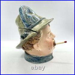 Vintage figural tobacco jar ceramic mustache man w hat mouth holds matchstick
