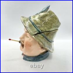 Vintage figural tobacco jar ceramic mustache man w hat mouth holds matchstick