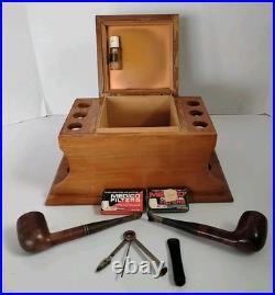 Vtg Alfred Dunhill Wooden Humidor & Pipe Holder With2 Pipes Filters Tool & Stem