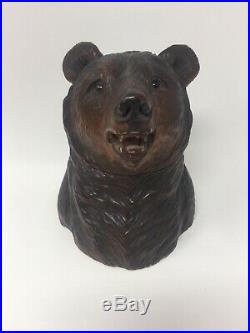 Vtg Antique Black Forest Bear Head Tobacco Jar Box Glass Eyes Carved Wood Rare