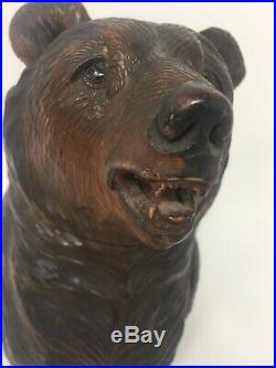 Vtg Antique Black Forest Bear Head Tobacco Jar Box Glass Eyes Carved Wood Rare