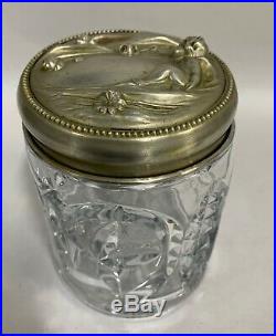 Vtg Art Nouveau Glass Humidor Tabacco Cigar Jar With Cherub On Metal Lid (A10)