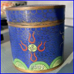 Vtg Chinese Dragon Blue cloisonné round humidor tobacco opium tea brass Lot