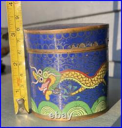 Vtg Chinese Dragon Blue cloisonné round humidor tobacco opium tea brass Lot