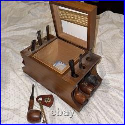 Vtg Decatur DECO a genuine Walnut Cigar Pipe Display Stand Humidor Box + 7 Pipes