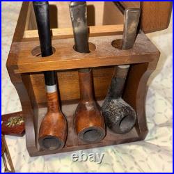Vtg Decatur DECO a genuine Walnut Cigar Pipe Display Stand Humidor Box + 7 Pipes