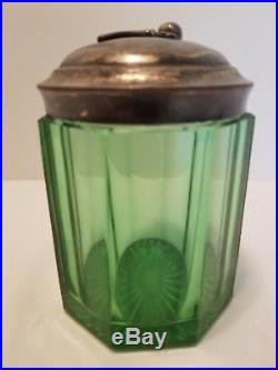 Vtg Elegant Green Depression Glass Tobacco Humidor Jar with Silverplate Pipe Lid