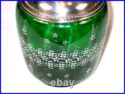 Vtg Green Glass Cigar Humidor Tobacco Jar Sterling Silver Lid Hand Painted 7