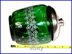 Vtg Green Glass Cigar Humidor Tobacco Jar Sterling Silver Lid Hand Painted 7