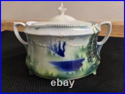 Vtg. Humidor. Lidded/handles stylized images, tree, decals, etc