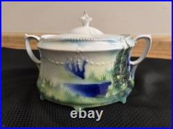 Vtg. Humidor. Lidded/handles stylized images, tree, decals, etc