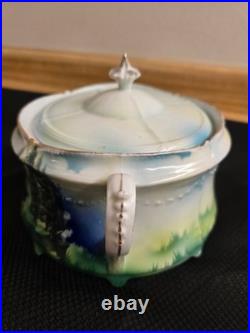 Vtg. Humidor. Lidded/handles stylized images, tree, decals, etc