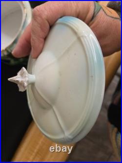 Vtg. Humidor. Lidded/handles stylized images, tree, decals, etc