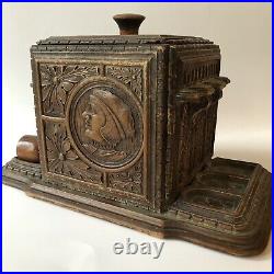 Vtg Humidor Smoking Pipe Stand Box Holder Wood Carved Faces w Marxman Antique