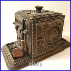 Vtg Humidor Smoking Pipe Stand Box Holder Wood Carved Faces w Marxman Antique