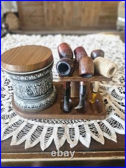 Vtg. Lot Tobacco Pipes Humidor And Pipe Stand