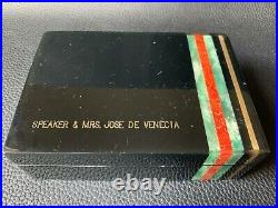Vtg Old Luxury Lacquered Humidor Gold Jade & Red Coral Strips Cigars Box