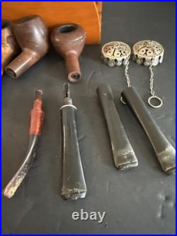 Vtg Tobacco Estate Pipes Lot of 7 Pipes Stand Box Aztec Humidor. Good For Enthu