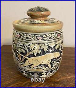 Weller Pottery Knifewood Tobacco Jar with Hunting Dogs