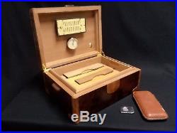 Wesley & Bober Brown Leather & Wood Humidor w Cigar Cutter & Cigar Case