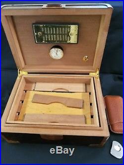 Wesley & Bober Brown Leather & Wood Humidor w Cigar Cutter & Cigar Case
