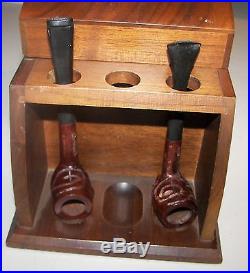 Wooden Estate Pipe Stand & Humidor with4 unused Briar Darvil Smoking Pipes